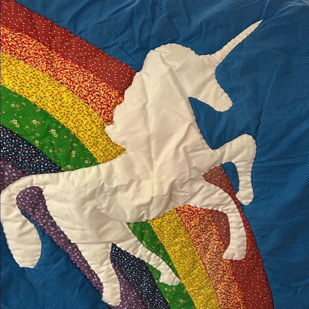 Hand Made Unicorn & Rainbow Quilted Wall Hanging 60s Fabric OOAK
